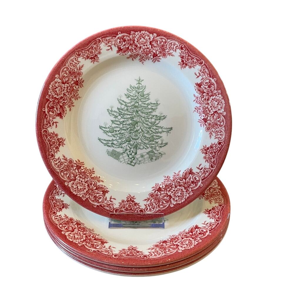 4pc Royal Stafford CHRISTMAS TREE Porcelain Salad Plates 8.5" Red Green NEW